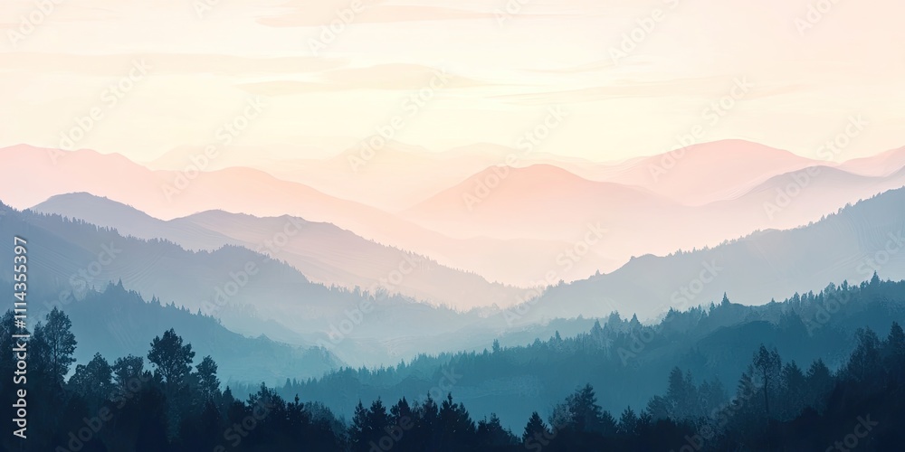Obraz premium A gentle, soft focus depiction of summer mountains captured at dawn, showcasing the serene beauty of the landscape in the early morning light.