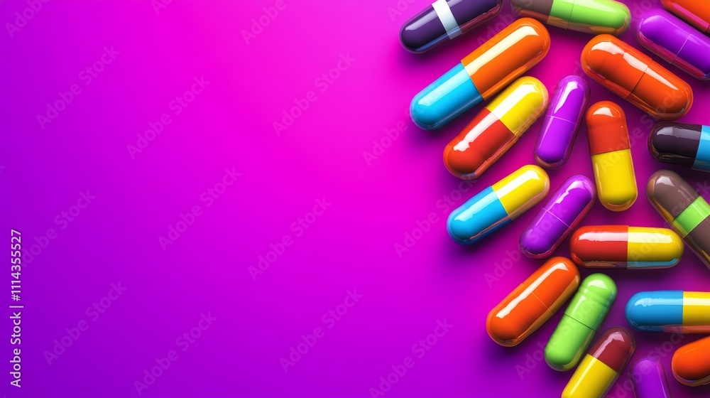 Colorful pill bottle with a purple background. The pill bottles are of different colors and sizes. The pill bottles are arranged in a way that they look like they are scattered on the background Colorful pill bottle with a purple background. The pill bottles are of different colors and sizes. The pill bottles are arranged in a way that they look like they are scattered on the background