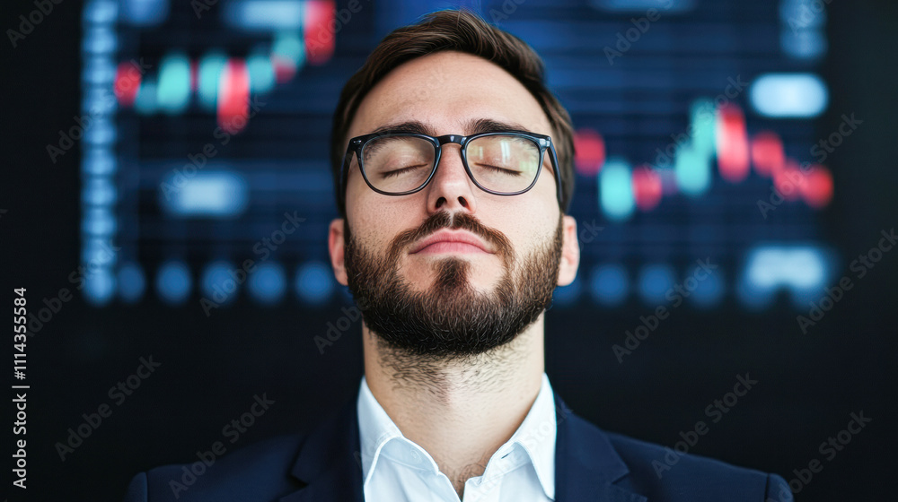 A man in a suit is wearing glasses and looking at a screen with graphs A man in a suit is wearing glasses and looking at a screen with graphs