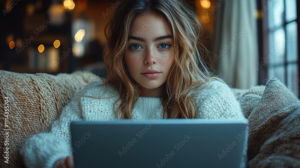 A woman sits on a couch looking at her laptop, possibly checking emails or working A woman sits on a couch looking at her laptop, possibly checking emails or working