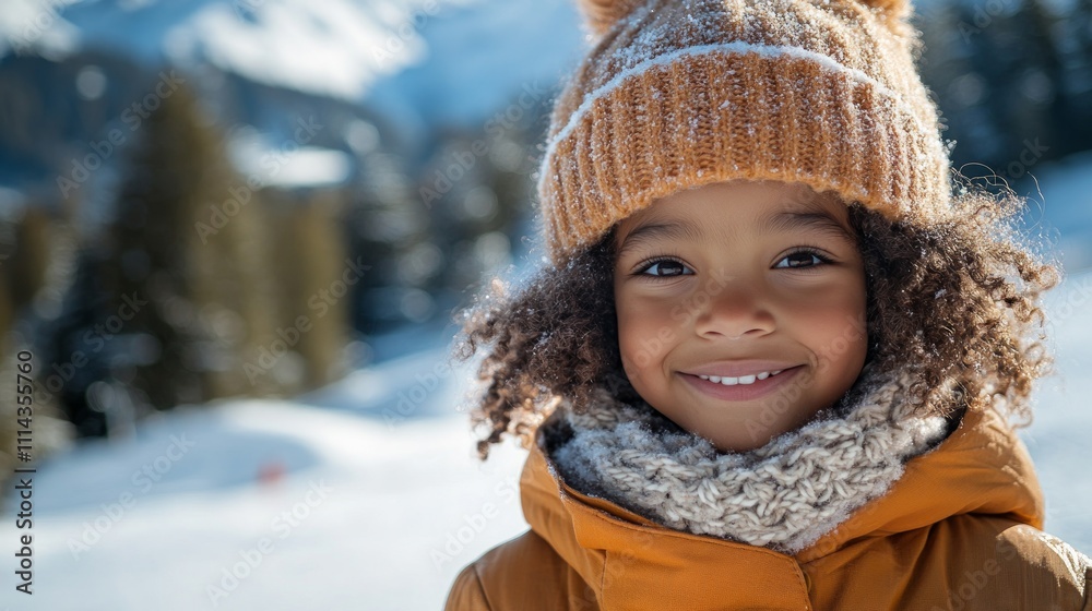 Portrait of happy little girl wearing winter clothes, smiling in a snowy mountain landscape Portrait of happy little girl wearing winter clothes, smiling in a snowy mountain landscape