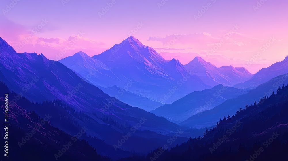 A pixelated mountain landscape with a gradient sky transitioning from light purple to dark blue, evoking a mystical, tranquil setting A pixelated mountain landscape with a gradient sky transitioning from light purple to dark blue, evoking a mystical, tranquil setting