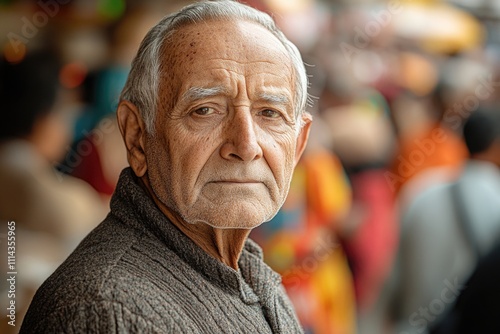 A elderly man stands before a gathering, speaking or lecturing photo