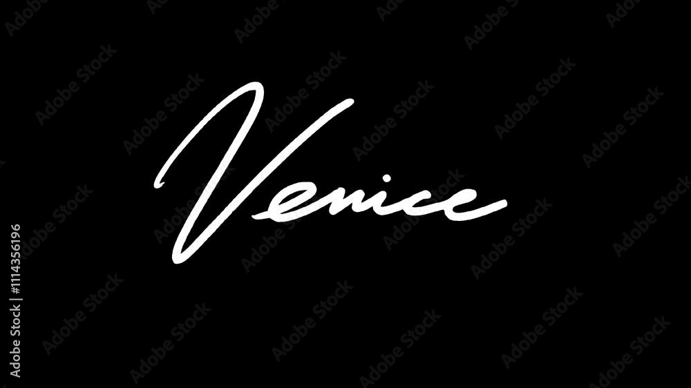 The name of the city Venice written by hand. The video is made frame by frame with a transparent background.