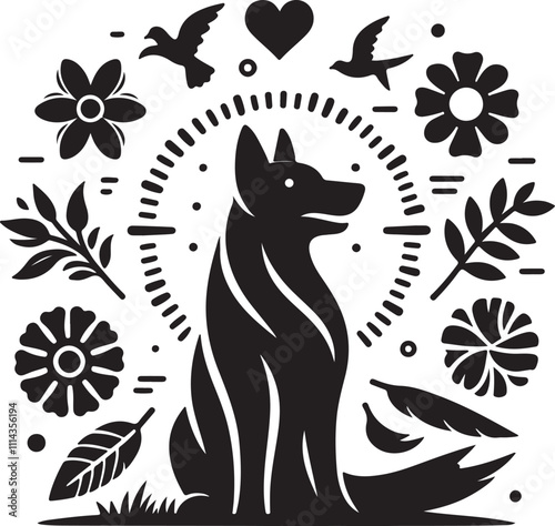 Dog Vector art silhouette on a black and white background.