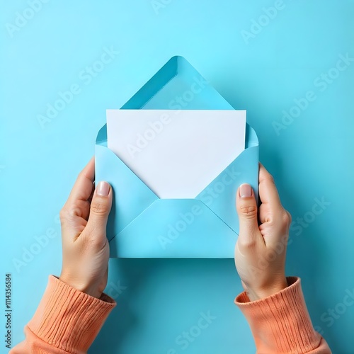 hand holding blue envelope with white blank paper. First person top view photo of hands holding open blue envelope with white paper sheet on isolated pastel blue background with empty space.