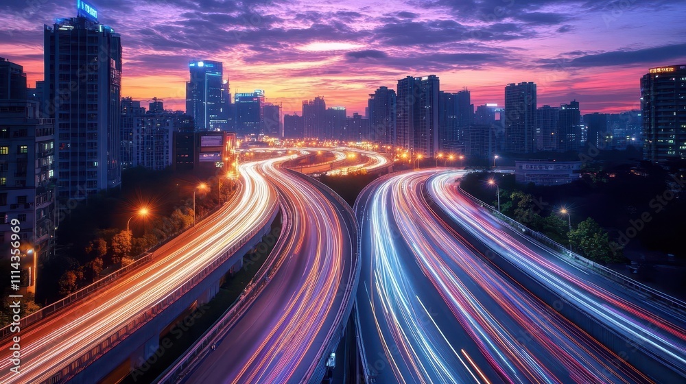 Fototapeta premium High-Tech Expressway at Dusk with Dynamic Light Trails and Skyline