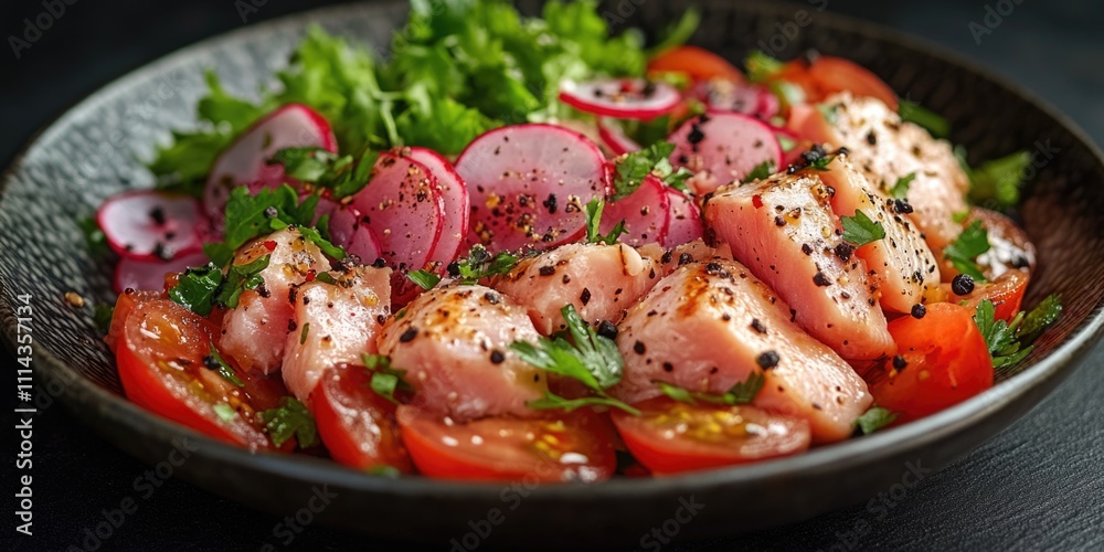A bowl filled with meat and vegetables, perfect for snacking or serving at a party A bowl filled with meat and vegetables, perfect for snacking or serving at a party