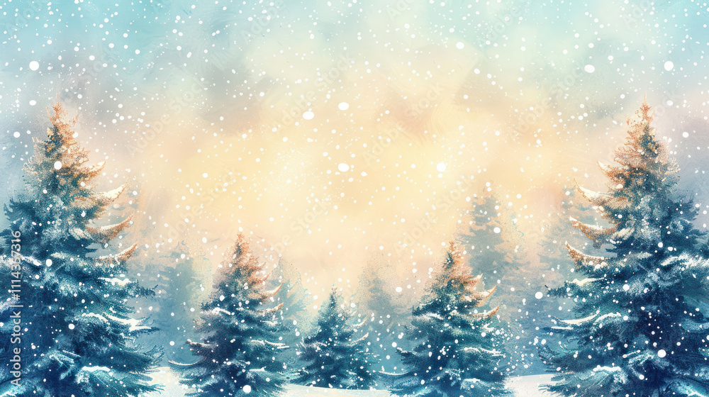 Scenic winter background with towering pine trees dusted in snow, under a vibrant morning sky Scenic winter background with towering pine trees dusted in snow, under a vibrant morning sky