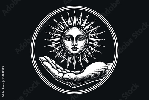 Vintage black-and-white engraving of a radiant sun with a human face hovering above an open hand. Thick, bold lines and intricate details create a classic, antique aesthetic. Print, round emblem