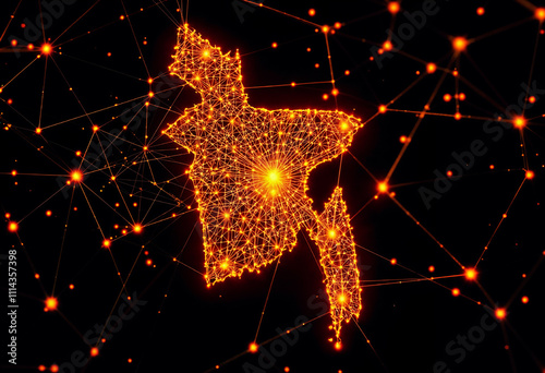 Abstract Network Map of Bangladesh with Glowing Connections and Nodes