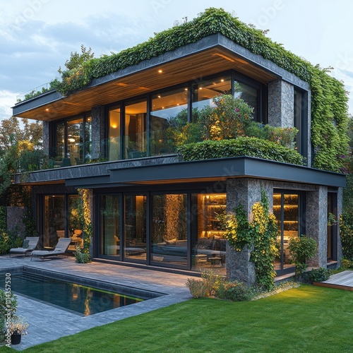 Modern house with greenery, large windows, and a pool, blending nature and architecture.
