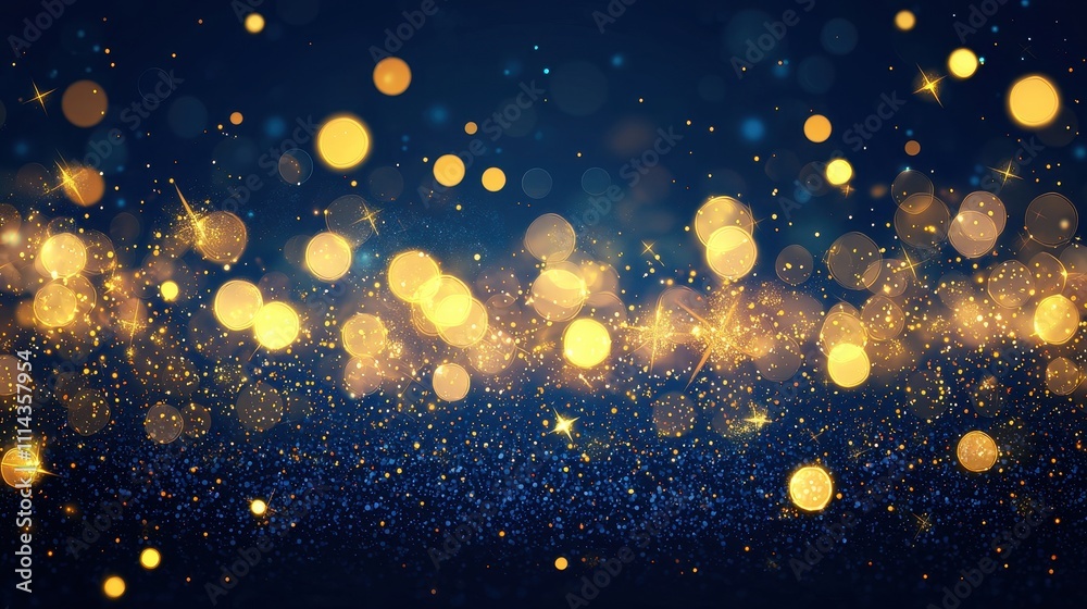 Soft Illuminated Midnight Blue Background with Glittering Golden Bokeh Effects Soft Illuminated Midnight Blue Background with Glittering Golden Bokeh Effects
