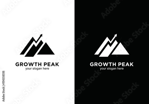 Mountain and financial arrow logo design template. Mountain shape brand, icon, badge or label. Vector	