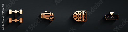 Set Chassis car, Check engine, Car tire wheel and mirror icon with long shadow. Vector