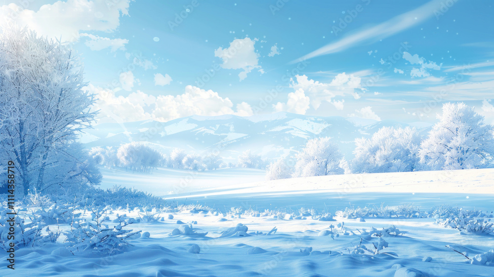 Serene winter background with snow-covered fields, soft morning light, and a clear blue sky Serene winter background with snow-covered fields, soft morning light, and a clear blue sky