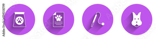 Set Bag of food for pet, Medical clinical record, Pet cat toy and Dog icon with long shadow. Vector