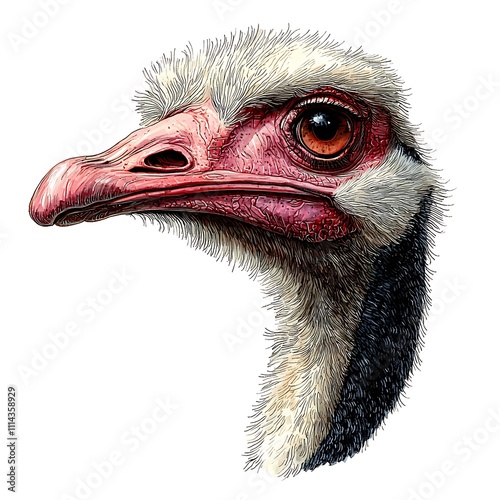 Detailed Illustration of an Ostrich Head in Profile, showcasing intricate feather detail and vibrant colors. photo