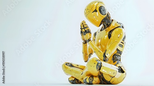 Soft Yellow Robot in a Praying Pose on a White Surface, Spirituality Meets Technology