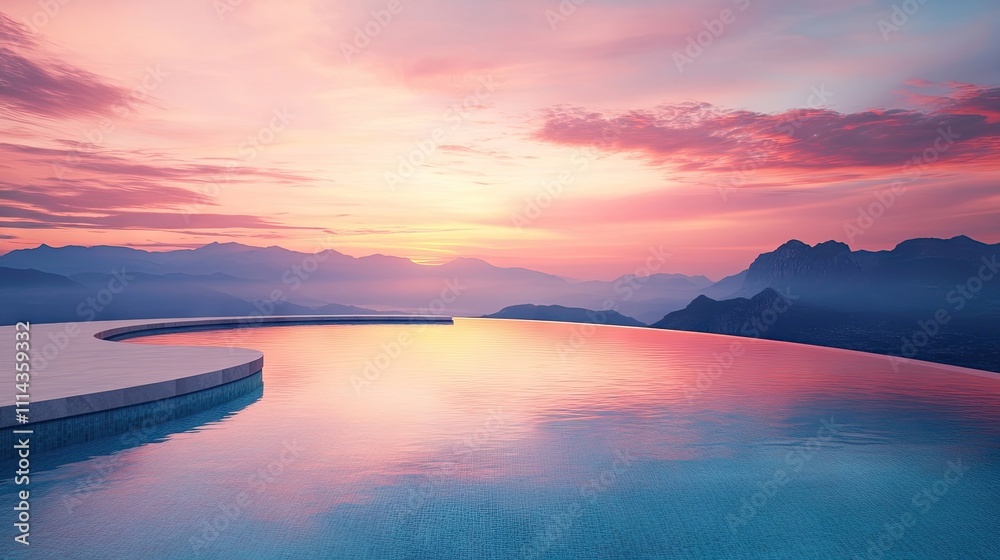 custom made wallpaper toronto digitalLuxury infinity swimming pool in a crescent shape reflects the beautiful sunset glow, with majestic mountains visible in the background, offering a serene atmosphere and photo style copy space.