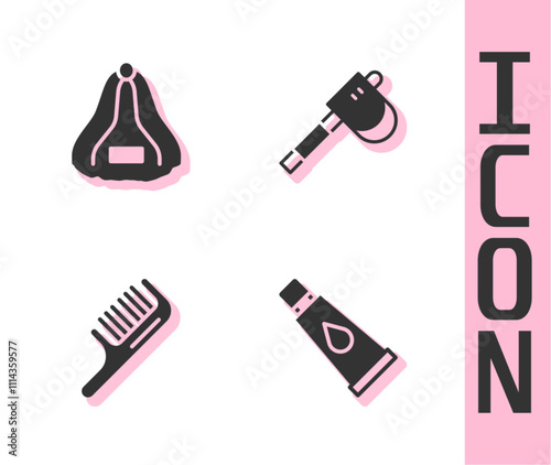 Set Cream or lotion cosmetic tube, Sauna hat, Hairbrush and Wooden axe icon. Vector