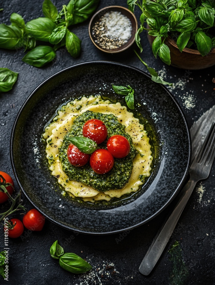 Mashed potatoes and tomatoes on black plate Mashed potatoes and tomatoes on black plate