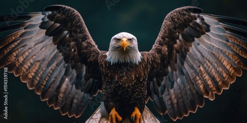 A majestic eagle with its wings spread wide stands out against a dark background in this striking vertical close up image, showcasing its powerful presence and grace.