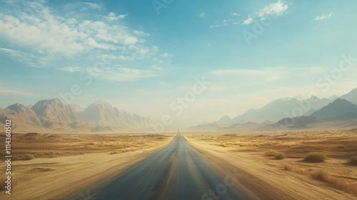 Vast desert road meandering towards mountains, creating an endless journey through stunning landscapes, with ample space for text and creative elements in the composition.