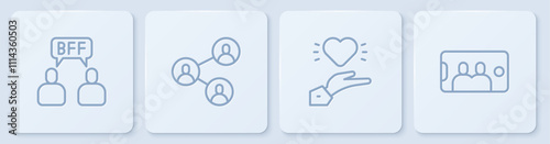 Set line BFF or best friends forever, Pleasant relationship, and Selfie mobile. White square button. Vector