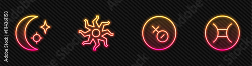 Set line Venus symbol, Moon and stars, Sun and Gemini zodiac. Glowing neon icon. Vector