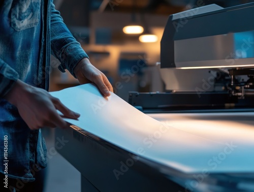 Person Holding Paper in Front of a Large Format Printer