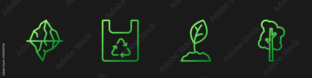 Set line Sprout, Iceberg, Shopping bag with recycle and Tree. Gradient color icons. Vector Set line Sprout, Iceberg, Shopping bag with recycle and Tree. Gradient color icons. Vector