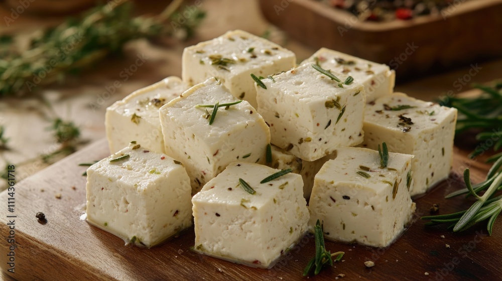A wooden cutting board topped with cubes of cheese, perfect for snack or party use A wooden cutting board topped with cubes of cheese, perfect for snack or party use