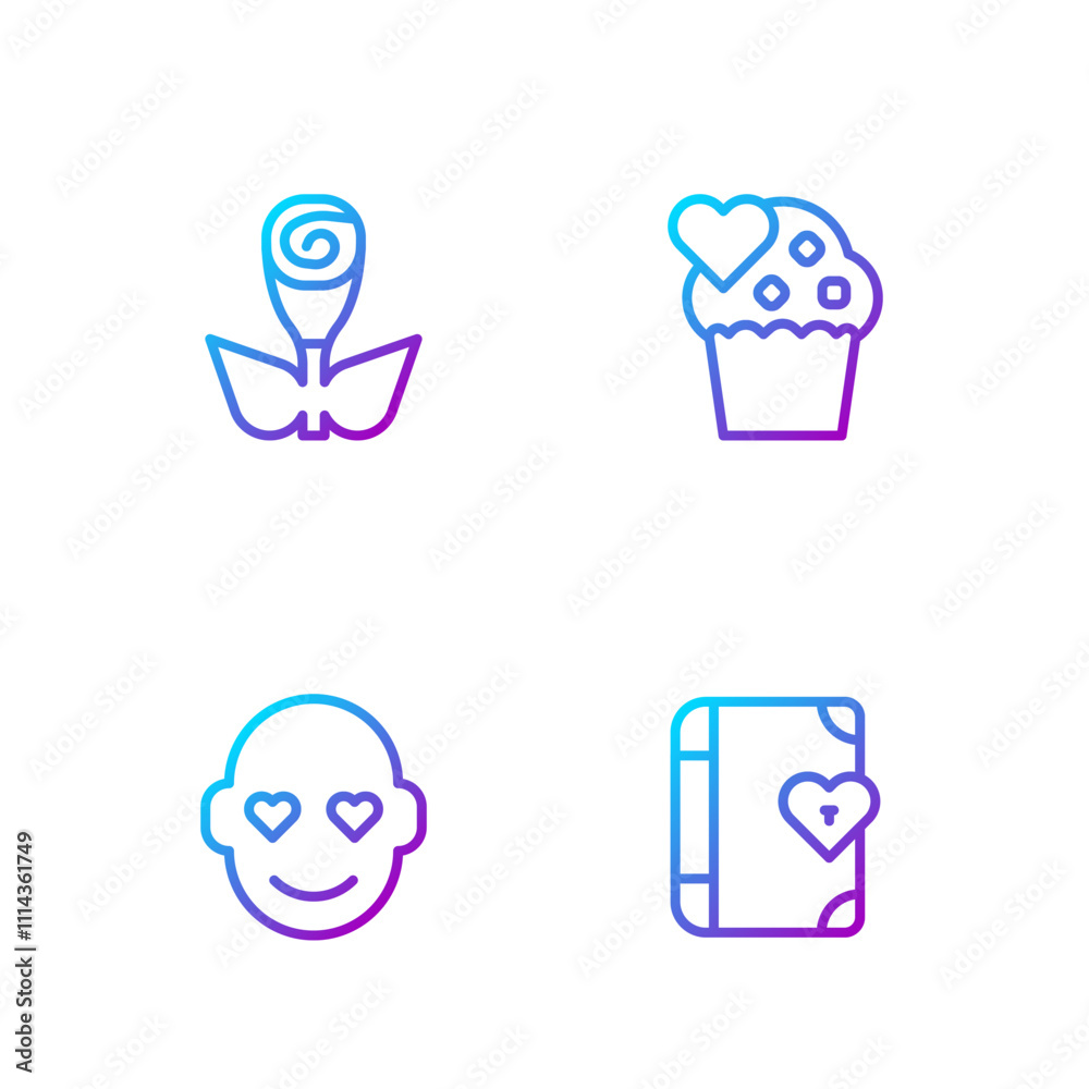 Set line Love diary, Romantic man, Flower rose and Wedding cake. Gradient color icons. Vector Set line Love diary, Romantic man, Flower rose and Wedding cake. Gradient color icons. Vector