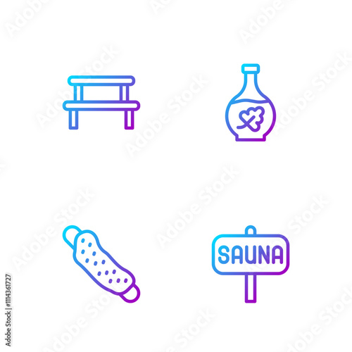 Set line Sauna, Washcloth, wood bench and Essential oil bottle. Gradient color icons. Vector