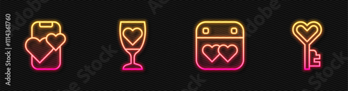 Set line Calendar with heart, Dating app online mobile, Glass of champagne and Key shape. Glowing neon icon. Vector