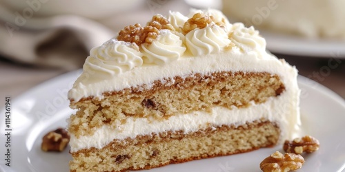 A delectable piece of walnut sponge cake, elegantly adorned with a fluffy layer of whipped cream, makes for a delightful treat.