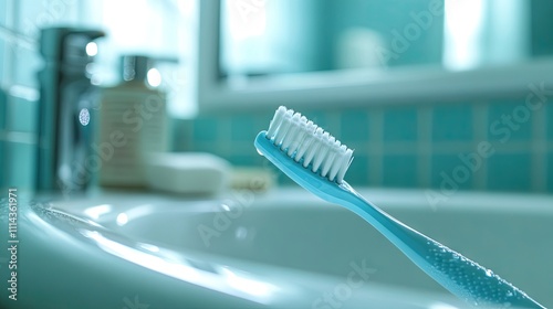 Childrens dental care emphasized with a focus on brushing teeth using a soft toothbrush in a bathroom setting, complemented by ample photo style copy space. photo