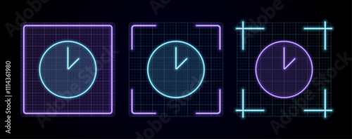 Clock icon illustration, cyber neon visual, glowing border grid vector.