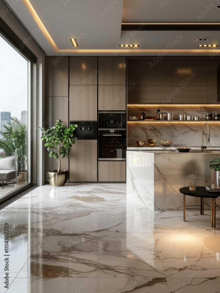 light luxury interior design of a modern apartment in a minimalist style with marble trim and huge windows
