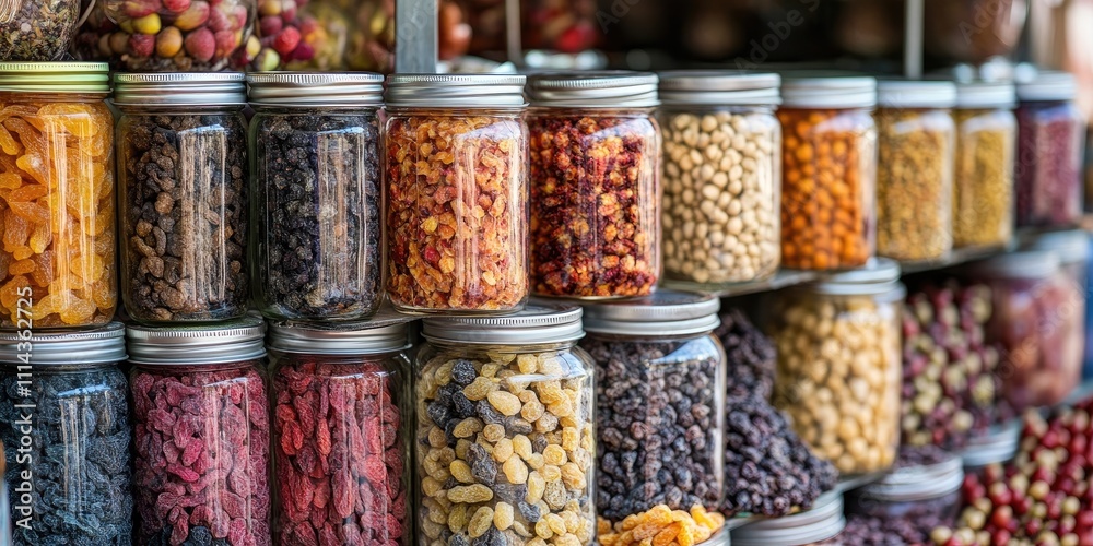 An assortment of dried fruits arranged in jars is showcased at a market stand, highlighting the diverse options available for customers to choose from. An assortment of dried fruits arranged in jars is showcased at a market stand, highlighting the diverse options available for customers to choose from.