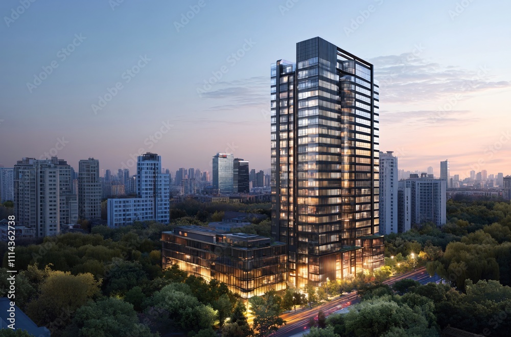 Obraz premium Aerial view of a city at night showcasing a solitary apartment building and office towers with illuminated facades, highlighting the vibrant real estate and commercial districts of the urban skyline.