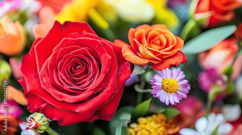 A vibrant bouquet of red roses accompanied by an assortment of colorful flowers, perfect for capturing attention and adding charm with ample copy space for design. photo