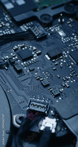 Detailed vertical view of sophisticated circuit board, showcasing intricate microchip designs and connections