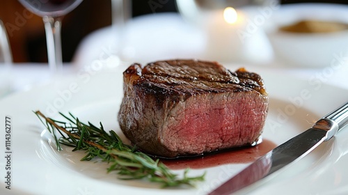 Grilled beef steak paired with red wine, complemented by a fork and knife, embodies gourmet restaurant concepts. This appetizing scene captures the essence of fine dining, with ample copy space.