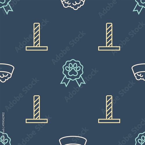 Set line Pet food bowl for cat or dog, Cat scratching post with toy and award symbol on seamless pattern. Vector