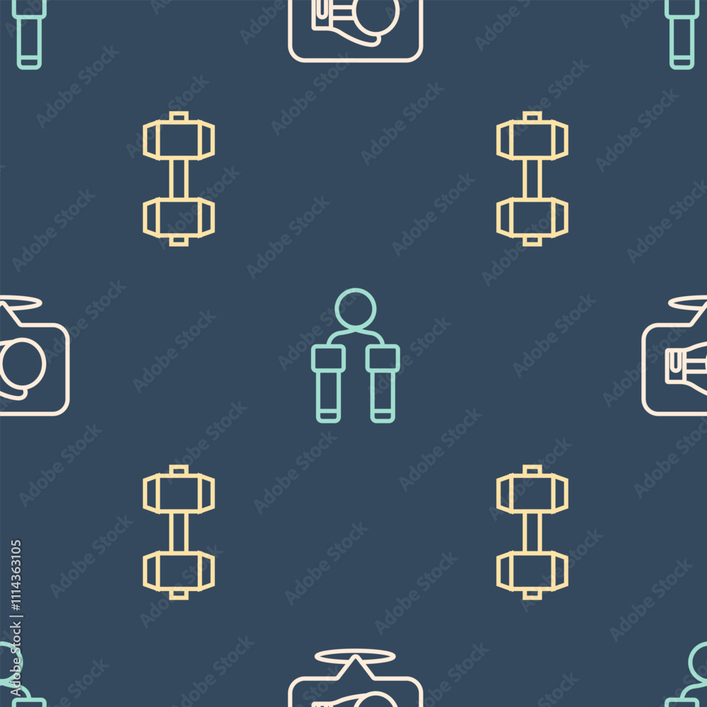 Set line Boxing glove, Dumbbell and Jump rope on seamless pattern. Vector Set line Boxing glove, Dumbbell and Jump rope on seamless pattern. Vector