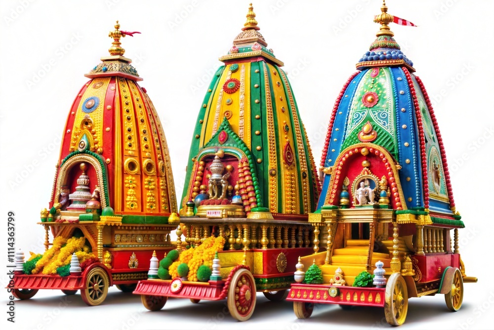 Fototapeta premium Three Exquisite Miniature Rath Yatra Chariots, Colorful, Ornate, Indian
