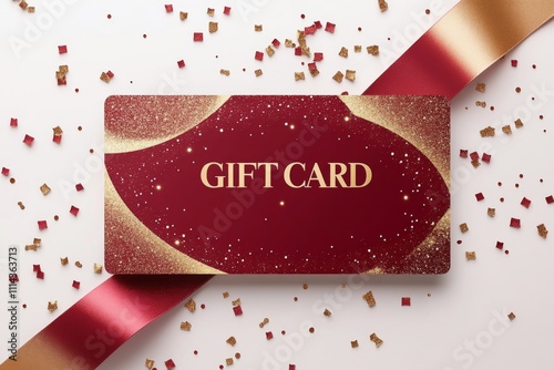 Red background gift card with golden ribbon, vector illustration style. 