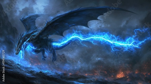 Fototapeta Naklejka Na Ścianę i Meble -  An electric dragon breathing blue lightning instead of fire.